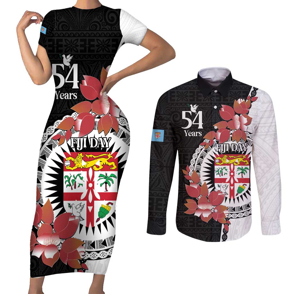 Personalised Fiji Day Couples Matching Short Sleeve Bodycon Dress and Long Sleeve Button Shirt Fijian Tapa Pattern Mix Tagimoucia - Black Version LT14 Black - Polynesian Pride