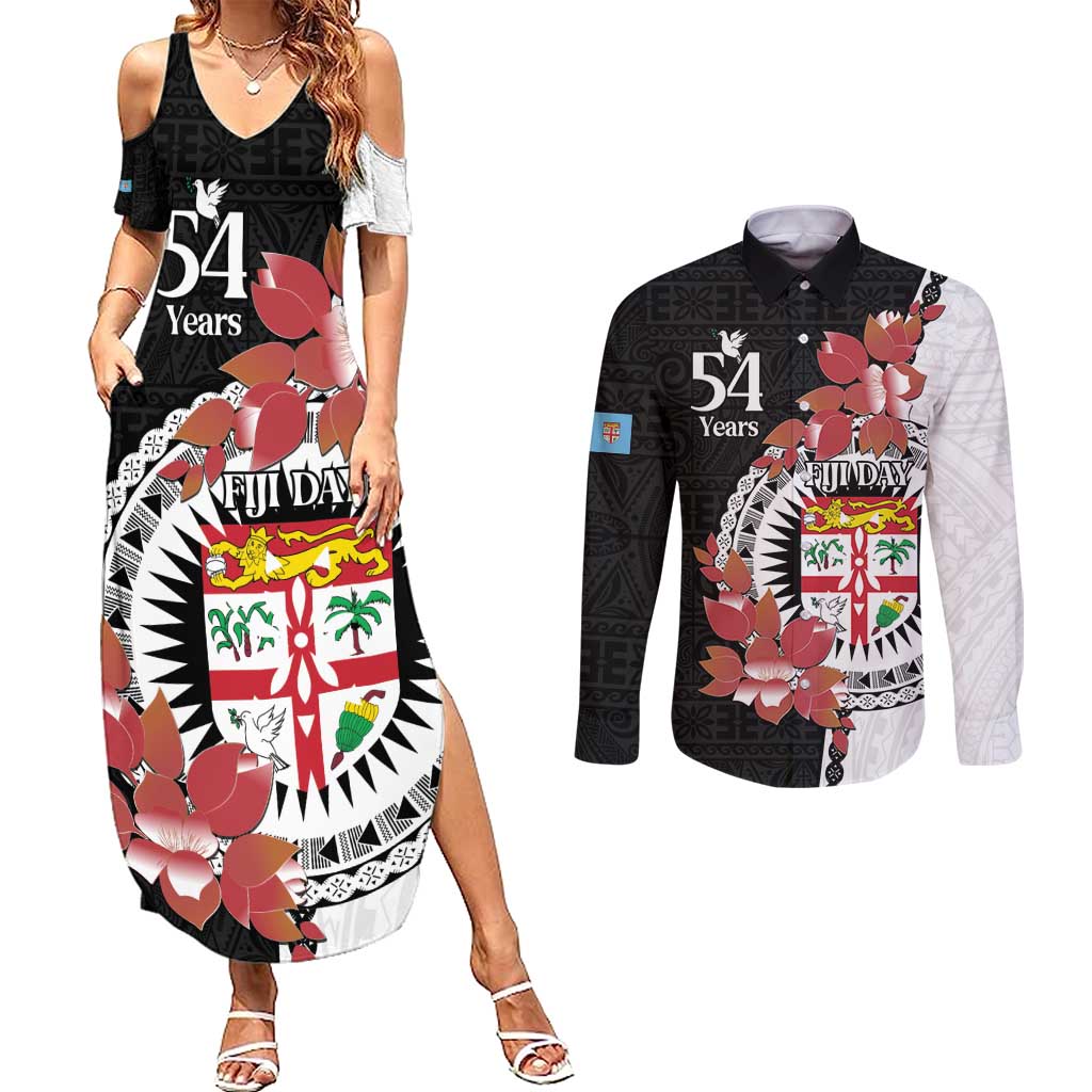 Personalised Fiji Day Couples Matching Summer Maxi Dress and Long Sleeve Button Shirt Fijian Tapa Pattern Mix Tagimoucia - Black Version LT14 Black - Polynesian Pride