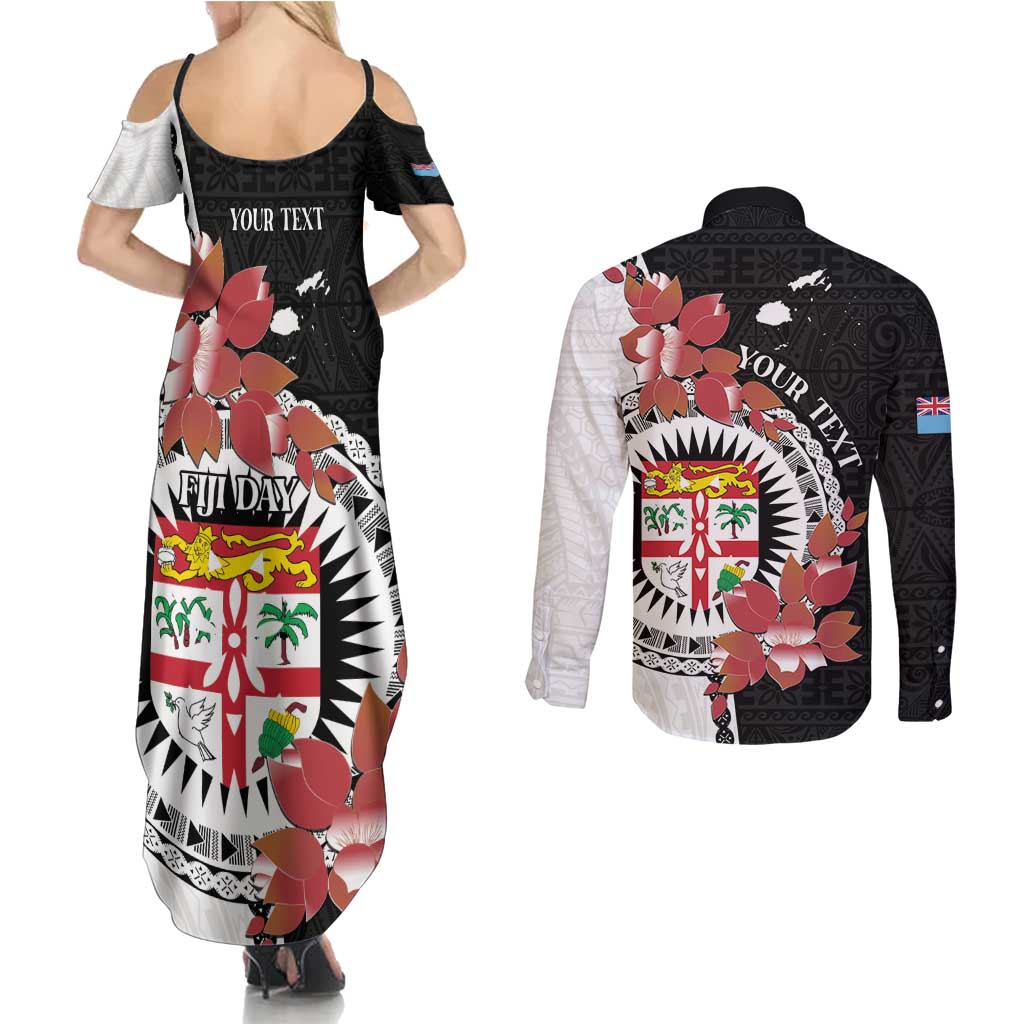 Personalised Fiji Day Couples Matching Summer Maxi Dress and Long Sleeve Button Shirt Fijian Tapa Pattern Mix Tagimoucia - Black Version LT14 - Polynesian Pride