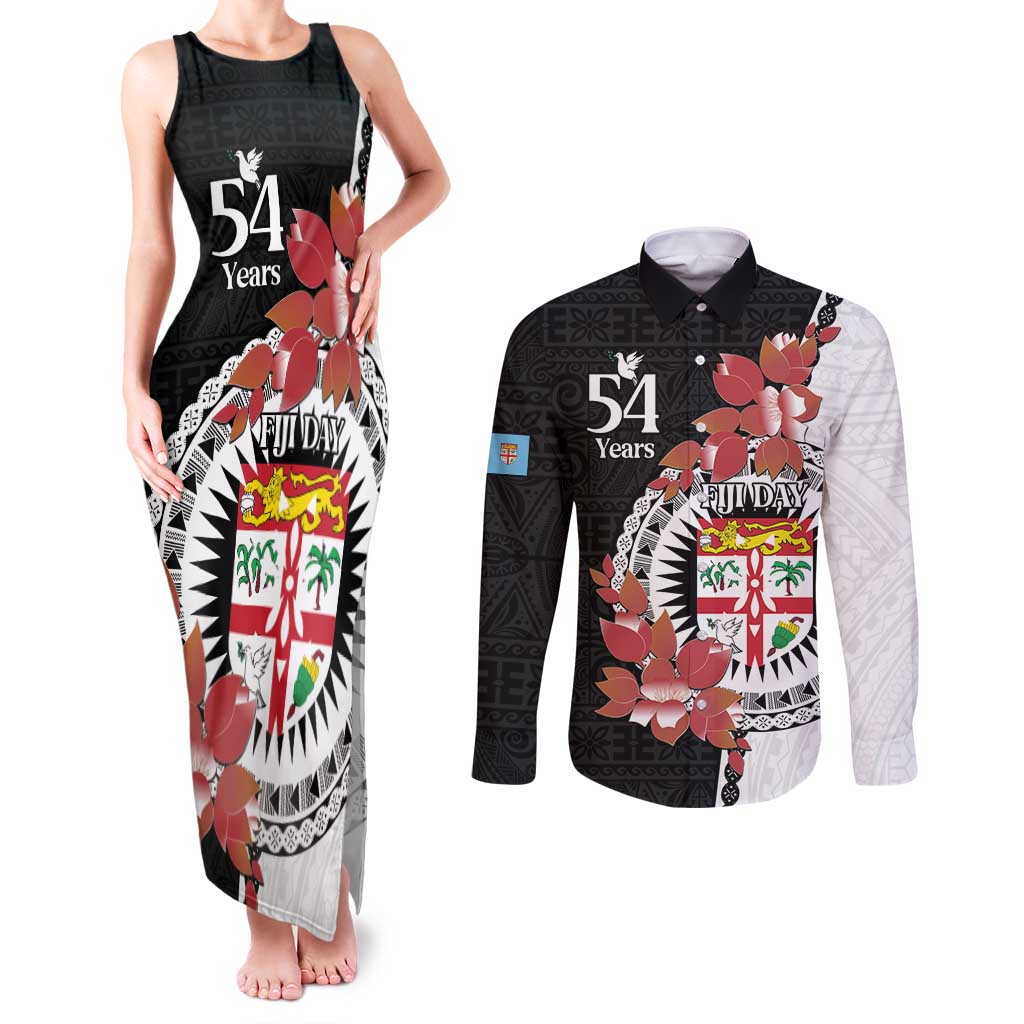 Personalised Fiji Day Couples Matching Tank Maxi Dress and Long Sleeve Button Shirt Fijian Tapa Pattern Mix Tagimoucia - Black Version LT14 Black - Polynesian Pride