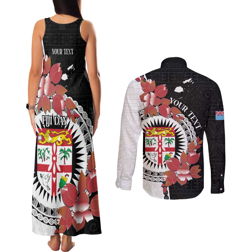 Personalised Fiji Day Couples Matching Tank Maxi Dress and Long Sleeve Button Shirt Fijian Tapa Pattern Mix Tagimoucia - Black Version LT14 - Polynesian Pride