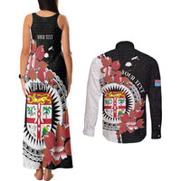 Personalised Fiji Day Couples Matching Tank Maxi Dress and Long Sleeve Button Shirt Fijian Tapa Pattern Mix Tagimoucia - Black Version LT14 - Polynesian Pride