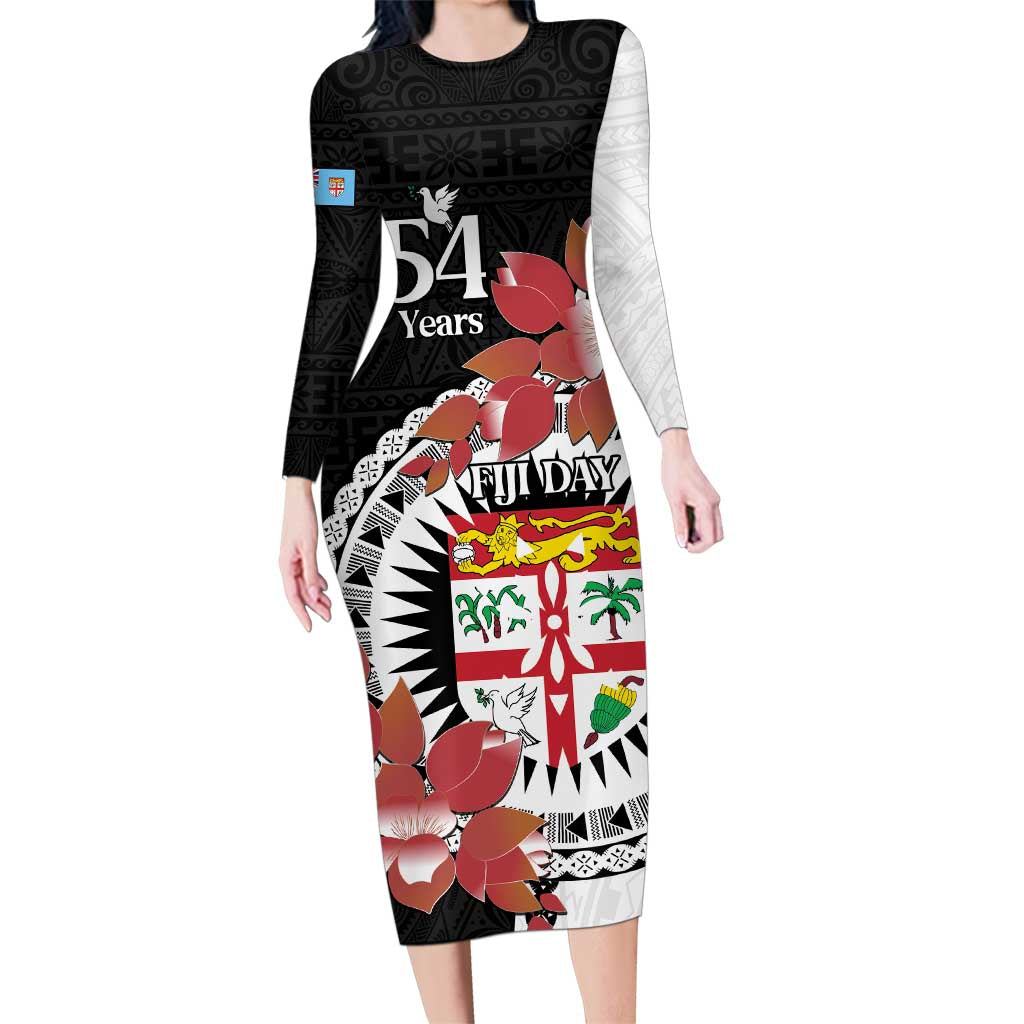 Personalised Fiji Day Family Matching Long Sleeve Bodycon Dress and Hawaiian Shirt Fijian Tapa Pattern Mix Tagimoucia - Black Version LT14 Mom's Dress Black - Polynesian Pride
