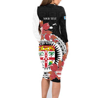 Personalised Fiji Day Family Matching Long Sleeve Bodycon Dress and Hawaiian Shirt Fijian Tapa Pattern Mix Tagimoucia - Black Version LT14 - Polynesian Pride