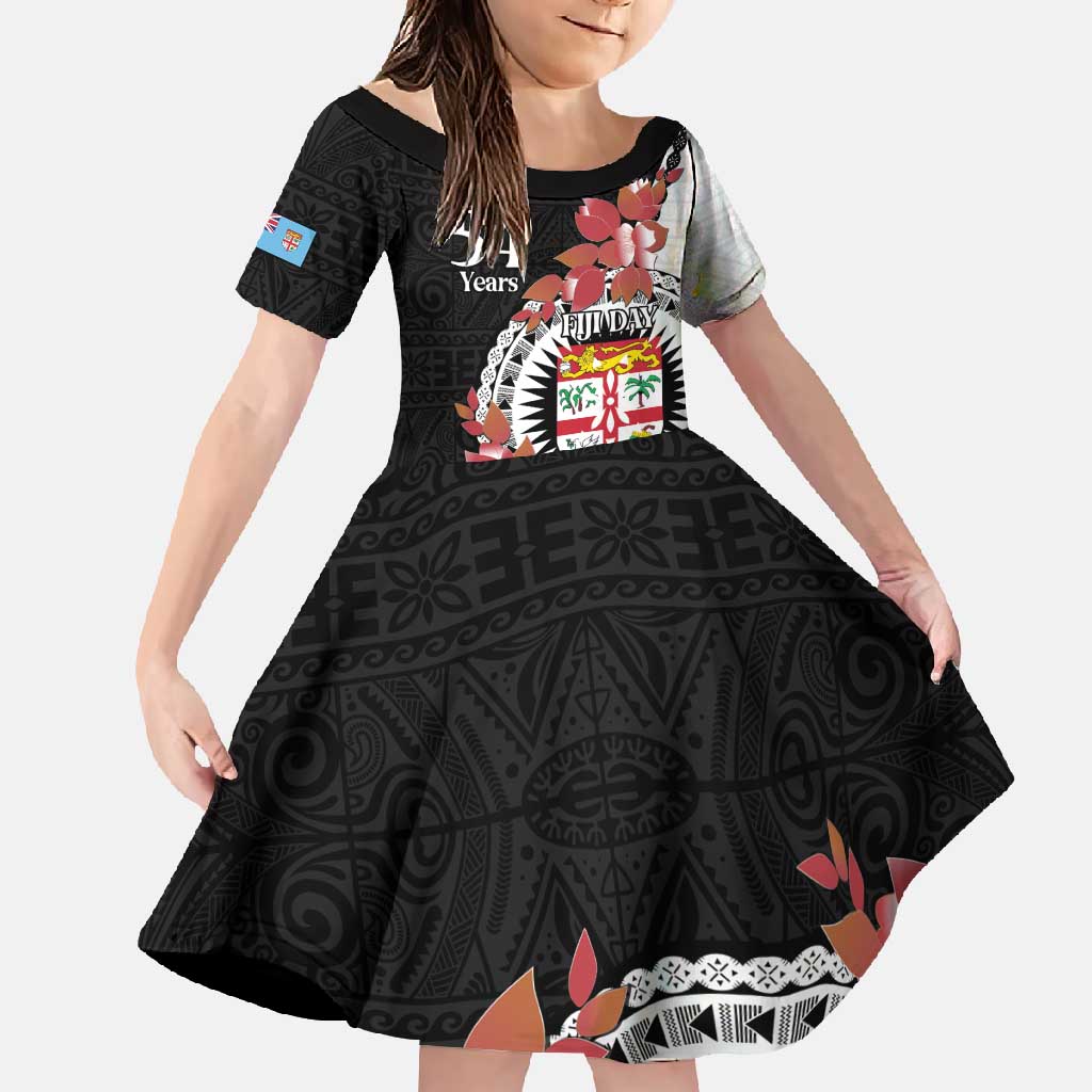 Personalised Fiji Day Family Matching Mermaid Dress and Hawaiian Shirt Fijian Tapa Pattern Mix Tagimoucia - Black Version LT14 Daughter's Dress Black - Polynesian Pride