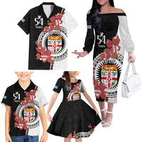 Personalised Fiji Day Family Matching Off The Shoulder Long Sleeve Dress and Hawaiian Shirt Fijian Tapa Pattern Mix Tagimoucia - Black Version LT14 - Polynesian Pride