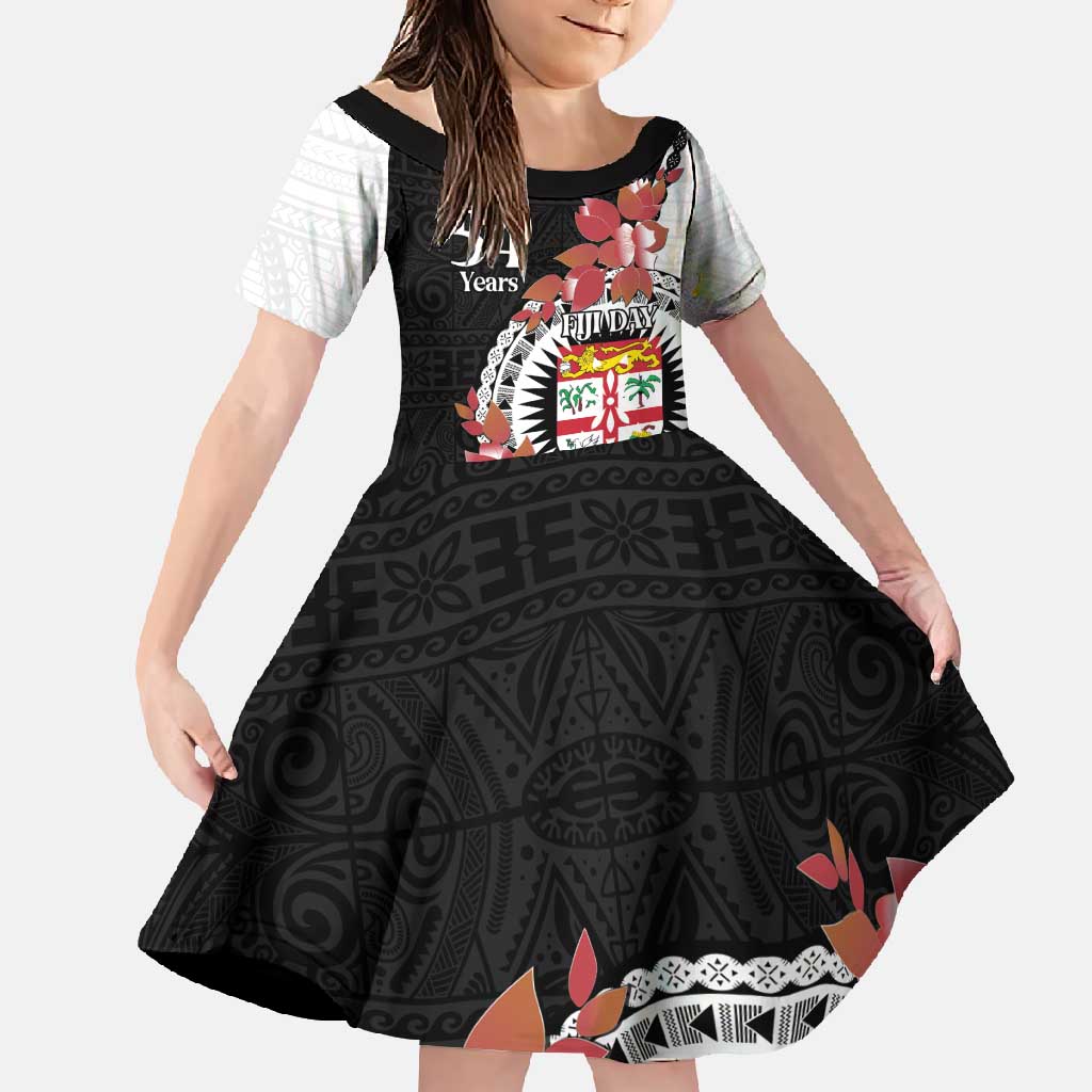 Personalised Fiji Day Family Matching Off Shoulder Maxi Dress and Hawaiian Shirt Fijian Tapa Pattern Mix Tagimoucia - Black Version LT14 Daughter's Dress Black - Polynesian Pride