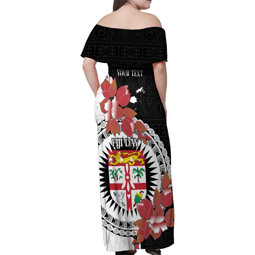 Personalised Fiji Day Family Matching Off Shoulder Maxi Dress and Hawaiian Shirt Fijian Tapa Pattern Mix Tagimoucia - Black Version LT14 - Polynesian Pride