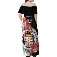 Personalised Fiji Day Family Matching Off Shoulder Maxi Dress and Hawaiian Shirt Fijian Tapa Pattern Mix Tagimoucia - Black Version LT14 - Polynesian Pride