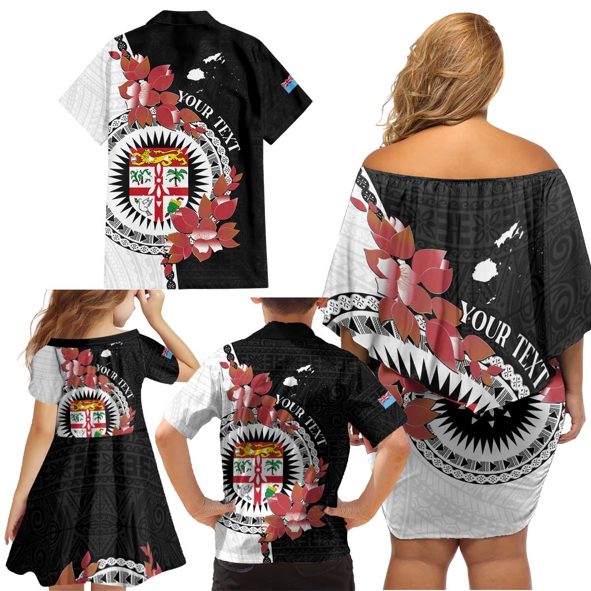 Personalised Fiji Day Family Matching Off Shoulder Short Dress and Hawaiian Shirt Fijian Tapa Pattern Mix Tagimoucia - Black Version LT14 - Polynesian Pride