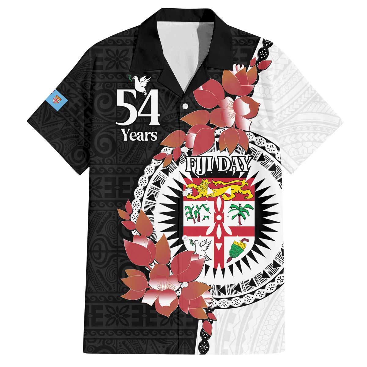 Personalised Fiji Day Family Matching Off Shoulder Short Dress and Hawaiian Shirt Fijian Tapa Pattern Mix Tagimoucia - Black Version LT14 Dad's Shirt - Short Sleeve Black - Polynesian Pride