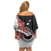Personalised Fiji Day Family Matching Off Shoulder Short Dress and Hawaiian Shirt Fijian Tapa Pattern Mix Tagimoucia - Black Version LT14 - Polynesian Pride