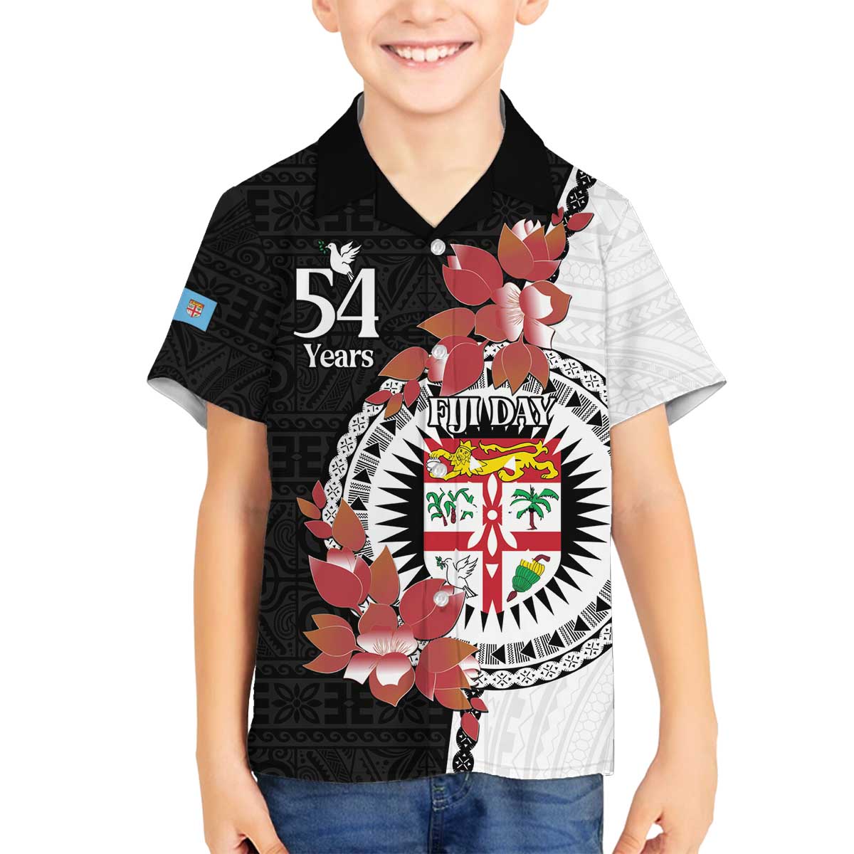Personalised Fiji Day Family Matching Off Shoulder Short Dress and Hawaiian Shirt Fijian Tapa Pattern Mix Tagimoucia - Black Version LT14 Son's Shirt Black - Polynesian Pride