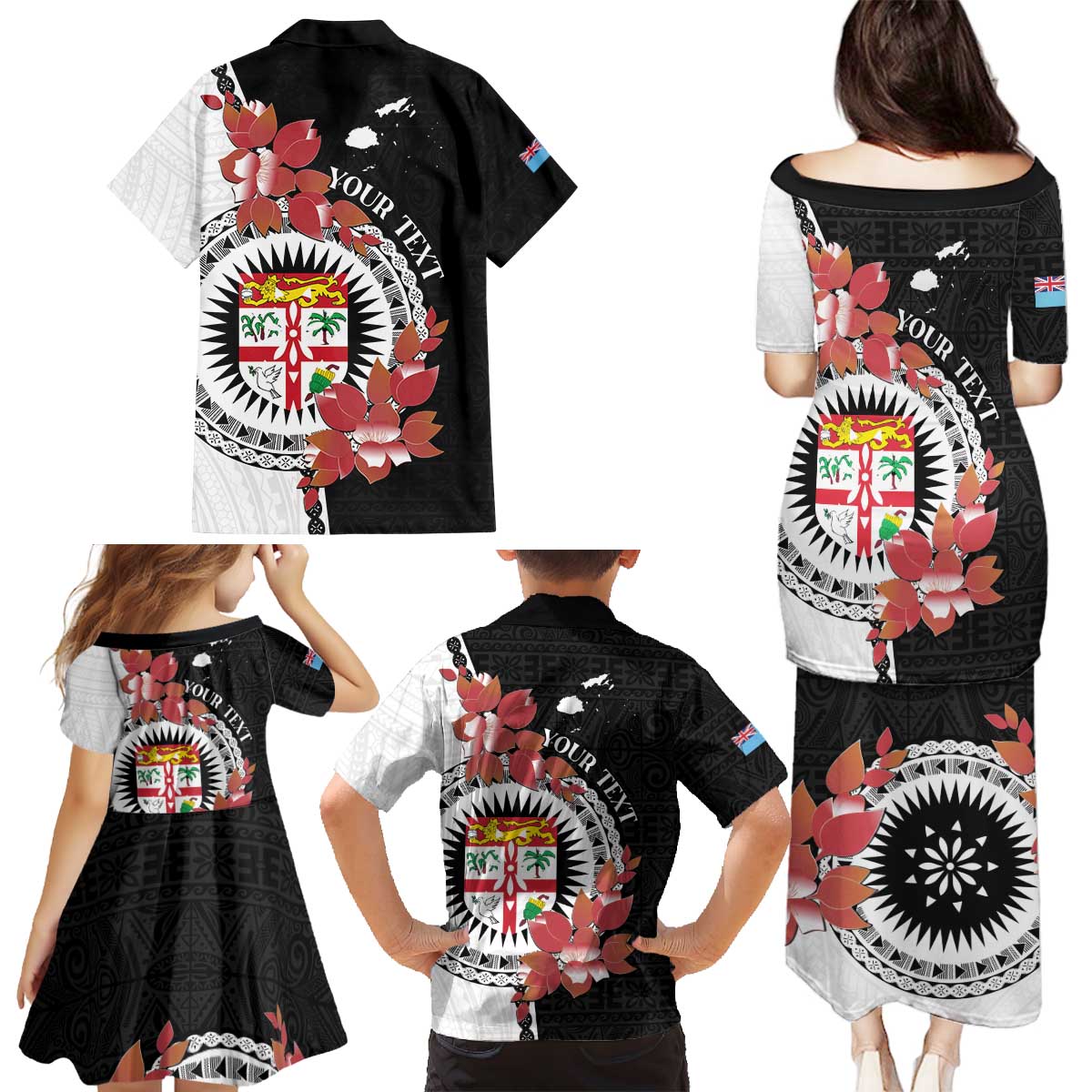 Personalised Fiji Day Family Matching Puletasi and Hawaiian Shirt Fijian Tapa Pattern Mix Tagimoucia - Black Version LT14 - Polynesian Pride
