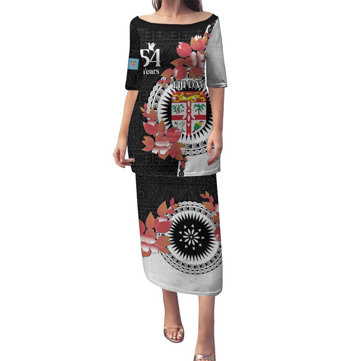 Personalised Fiji Day Family Matching Puletasi and Hawaiian Shirt Fijian Tapa Pattern Mix Tagimoucia - Black Version LT14 Mom's Dress Black - Polynesian Pride