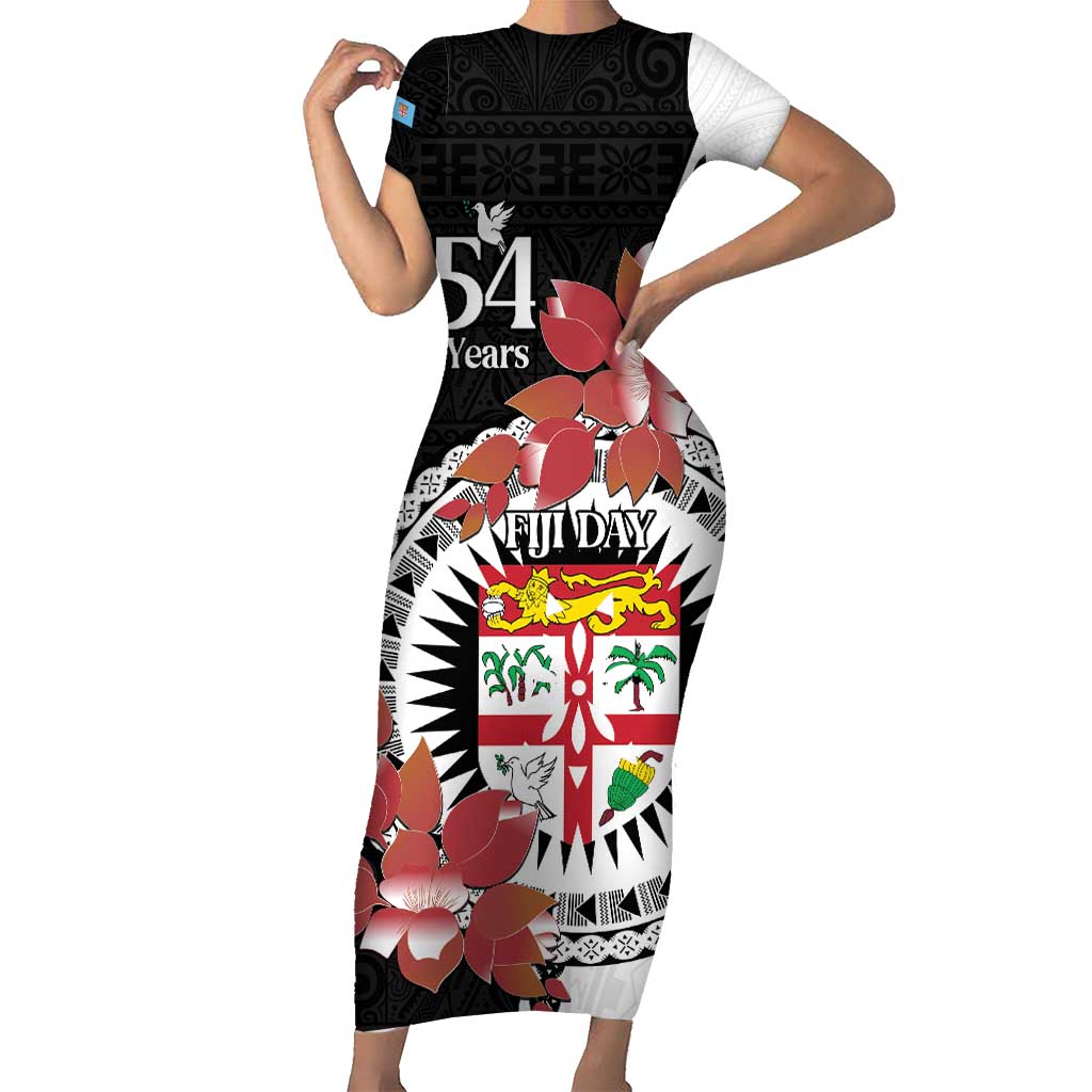 Personalised Fiji Day Family Matching Short Sleeve Bodycon Dress and Hawaiian Shirt Fijian Tapa Pattern Mix Tagimoucia - Black Version LT14 Mom's Dress Black - Polynesian Pride