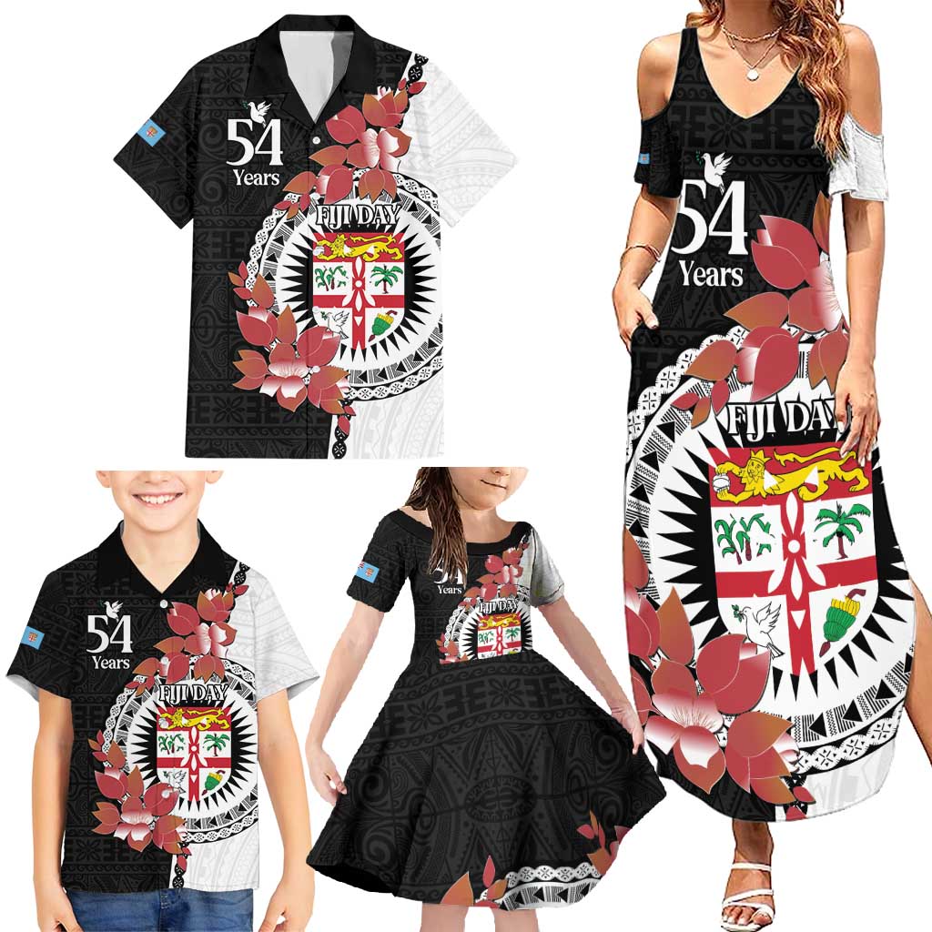 Personalised Fiji Day Family Matching Summer Maxi Dress and Hawaiian Shirt Fijian Tapa Pattern Mix Tagimoucia - Black Version LT14 - Polynesian Pride