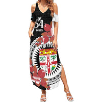 Personalised Fiji Day Family Matching Summer Maxi Dress and Hawaiian Shirt Fijian Tapa Pattern Mix Tagimoucia - Black Version LT14 Mom's Dress Black - Polynesian Pride