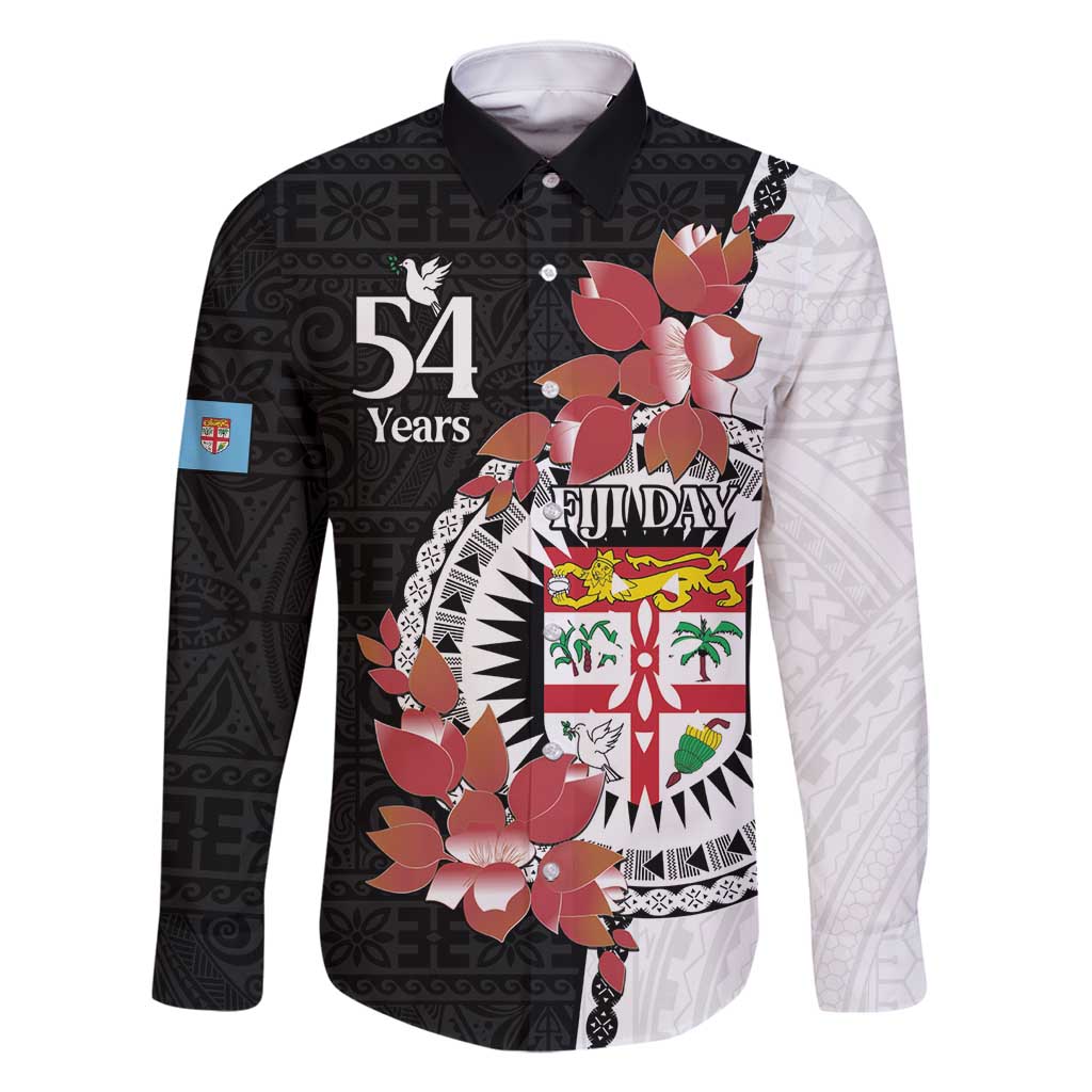 Personalised Fiji Day Family Matching Tank Maxi Dress and Hawaiian Shirt Fijian Tapa Pattern Mix Tagimoucia - Black Version LT14 Dad's Shirt - Long Sleeve Black - Polynesian Pride