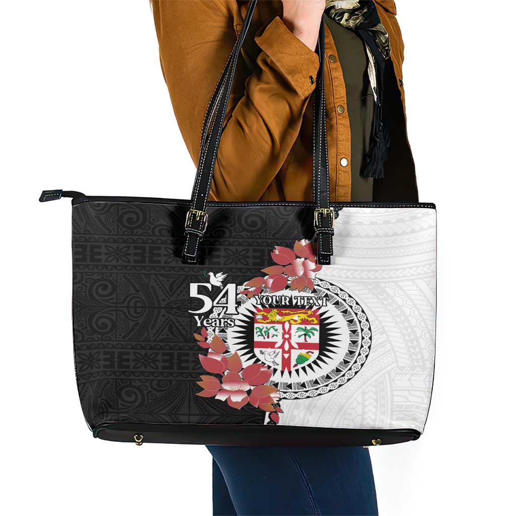 Personalised Fiji Day Leather Tote Bag Fijian Tapa Pattern Mix Tagimoucia - Black Version LT14 - Polynesian Pride