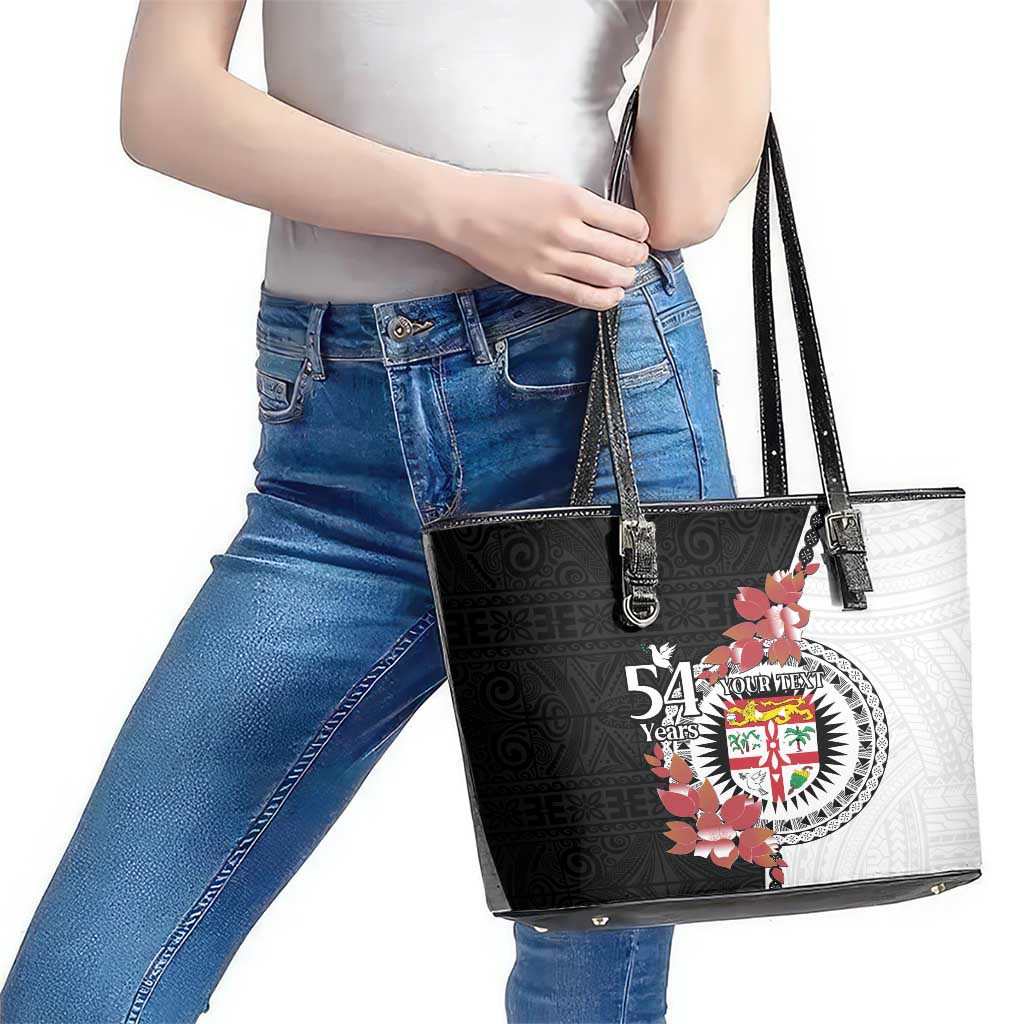Personalised Fiji Day Leather Tote Bag Fijian Tapa Pattern Mix Tagimoucia - Black Version LT14 - Polynesian Pride