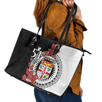 Personalised Fiji Day Leather Tote Bag Fijian Tapa Pattern Mix Tagimoucia - Black Version LT14 - Polynesian Pride