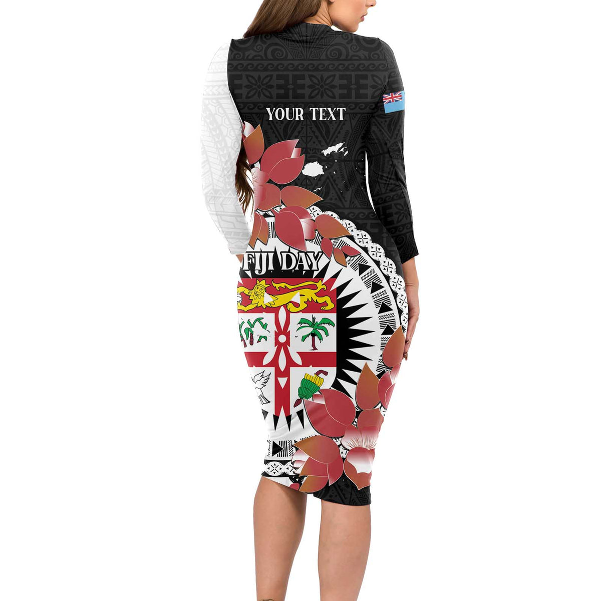 Personalised Fiji Day Long Sleeve Bodycon Dress Fijian Tapa Pattern Mix Tagimoucia - Black Version LT14 - Polynesian Pride