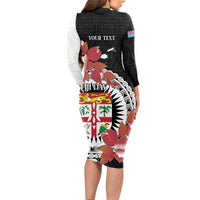 Personalised Fiji Day Long Sleeve Bodycon Dress Fijian Tapa Pattern Mix Tagimoucia - Black Version LT14 - Polynesian Pride