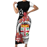Personalised Fiji Day Short Sleeve Bodycon Dress Fijian Tapa Pattern Mix Tagimoucia - Black Version LT14 Long Dress Black - Polynesian Pride