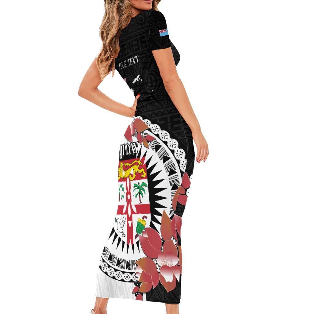 Personalised Fiji Day Short Sleeve Bodycon Dress Fijian Tapa Pattern Mix Tagimoucia - Black Version LT14 - Polynesian Pride