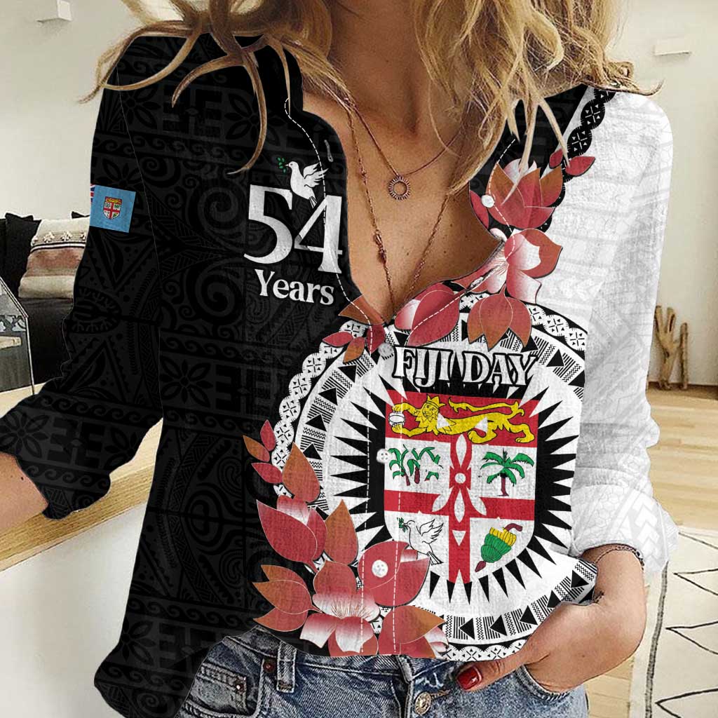 Personalised Fiji Day Women Casual Shirt Fijian Tapa Pattern Mix Tagimoucia - Black Version LT14 Female Black - Polynesian Pride