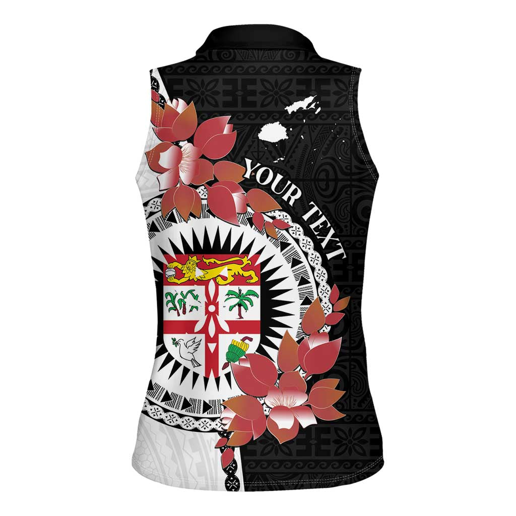 Personalised Fiji Day Women Sleeveless Polo Shirt Fijian Tapa Pattern Mix Tagimoucia - Black Version LT14 - Polynesian Pride