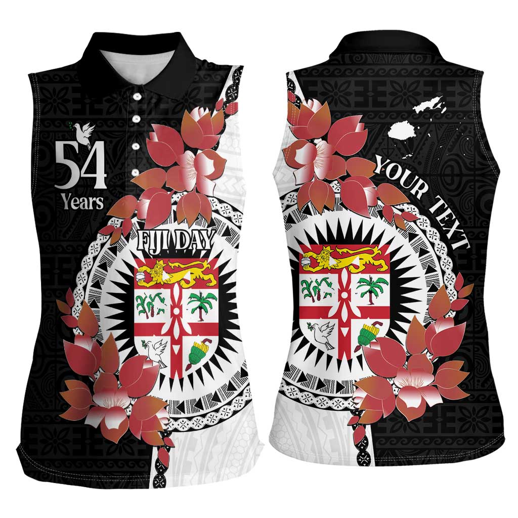 Personalised Fiji Day Women Sleeveless Polo Shirt Fijian Tapa Pattern Mix Tagimoucia - Black Version LT14 - Polynesian Pride