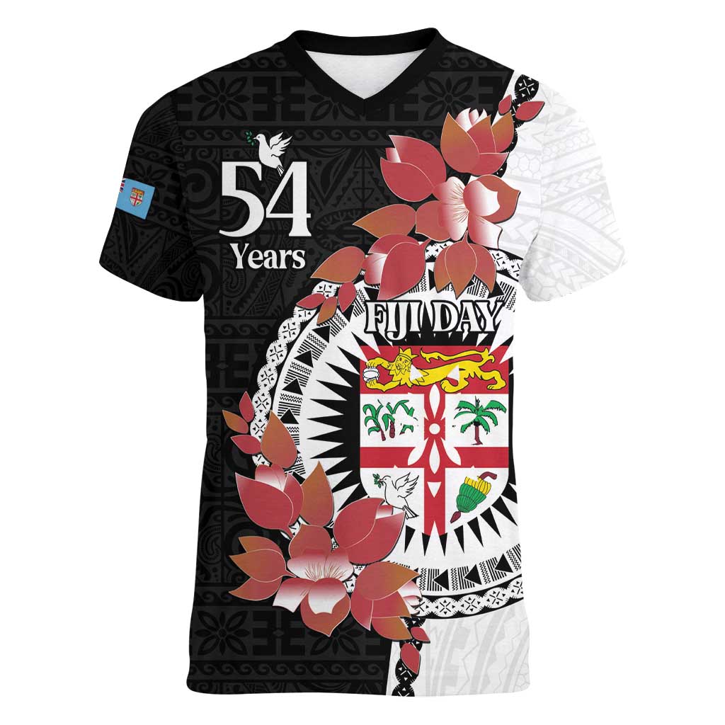 Personalised Fiji Day Women V-Neck T-Shirt Fijian Tapa Pattern Mix Tagimoucia - Black Version LT14 Female Black - Polynesian Pride