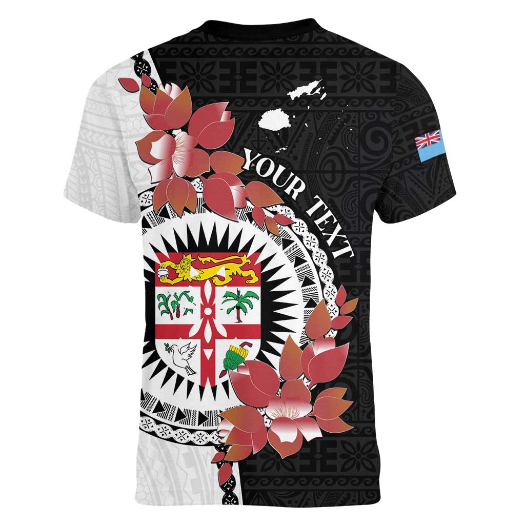 Personalised Fiji Day Women V-Neck T-Shirt Fijian Tapa Pattern Mix Tagimoucia - Black Version LT14 - Polynesian Pride