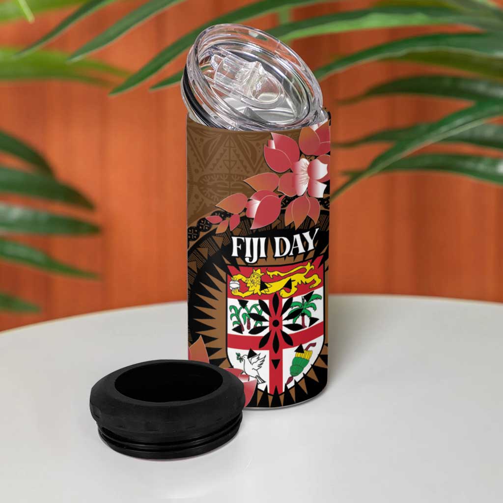 Personalised Fiji Day 4 in 1 Can Cooler Tumbler Fijian Tapa Pattern Mix Tagimoucia - Brown Version LT14 - Polynesian Pride