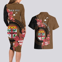 Personalised Fiji Day Couples Matching Long Sleeve Bodycon Dress and Hawaiian Shirt Fijian Tapa Pattern Mix Tagimoucia - Brown Version LT14 - Polynesian Pride