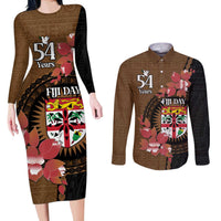 Personalised Fiji Day Couples Matching Long Sleeve Bodycon Dress and Long Sleeve Button Shirt Fijian Tapa Pattern Mix Tagimoucia - Brown Version LT14 Brown - Polynesian Pride