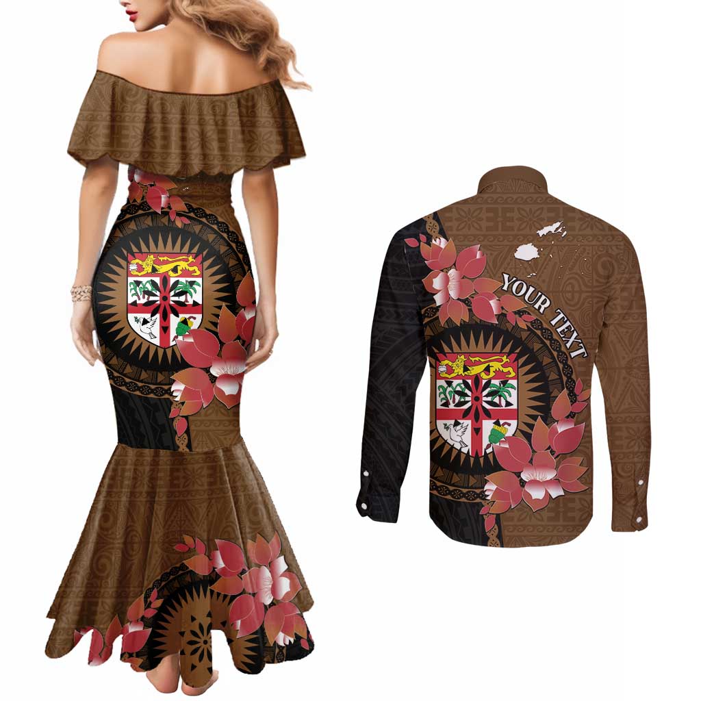 Personalised Fiji Day Couples Matching Mermaid Dress and Long Sleeve Button Shirt Fijian Tapa Pattern Mix Tagimoucia - Brown Version LT14 - Polynesian Pride