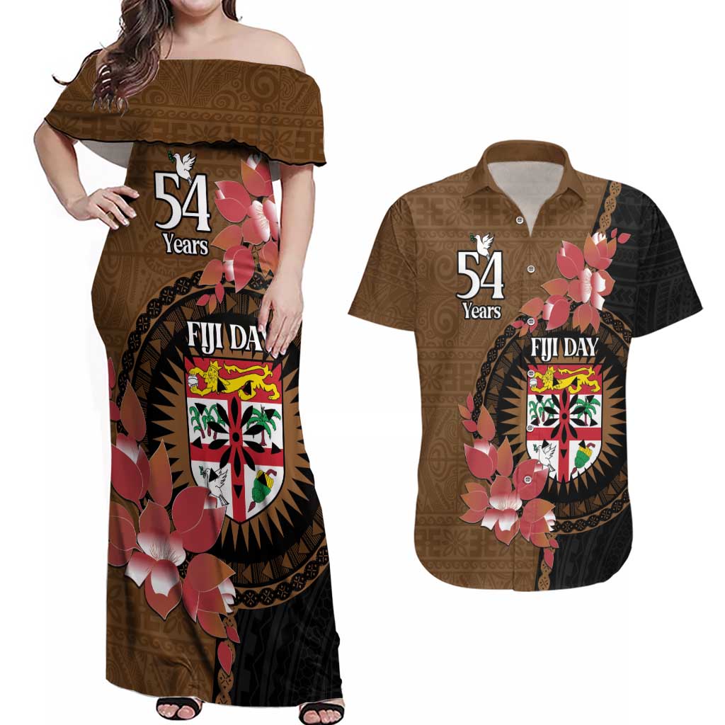 Personalised Fiji Day Couples Matching Off Shoulder Maxi Dress and Hawaiian Shirt Fijian Tapa Pattern Mix Tagimoucia - Brown Version LT14 Brown - Polynesian Pride