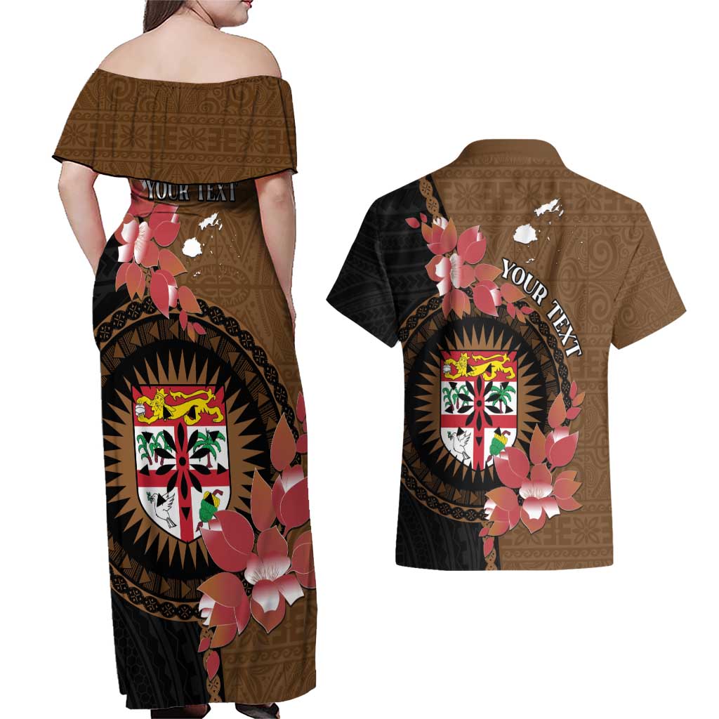 Personalised Fiji Day Couples Matching Off Shoulder Maxi Dress and Hawaiian Shirt Fijian Tapa Pattern Mix Tagimoucia - Brown Version LT14 - Polynesian Pride