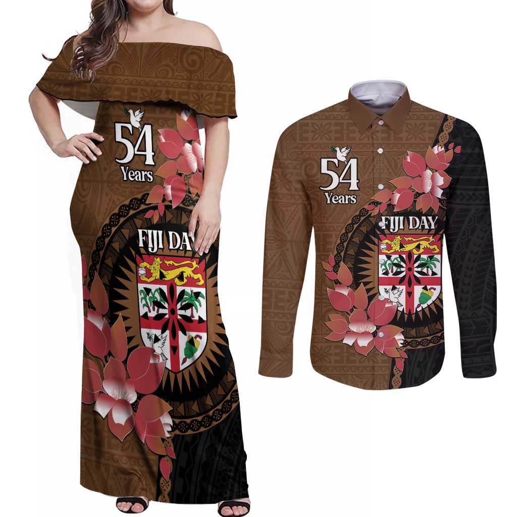Personalised Fiji Day Couples Matching Off Shoulder Maxi Dress and Long Sleeve Button Shirt Fijian Tapa Pattern Mix Tagimoucia - Brown Version LT14 Brown - Polynesian Pride