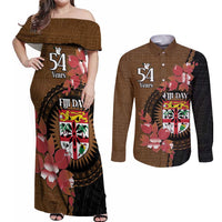 Personalised Fiji Day Couples Matching Off Shoulder Maxi Dress and Long Sleeve Button Shirt Fijian Tapa Pattern Mix Tagimoucia - Brown Version LT14 Brown - Polynesian Pride