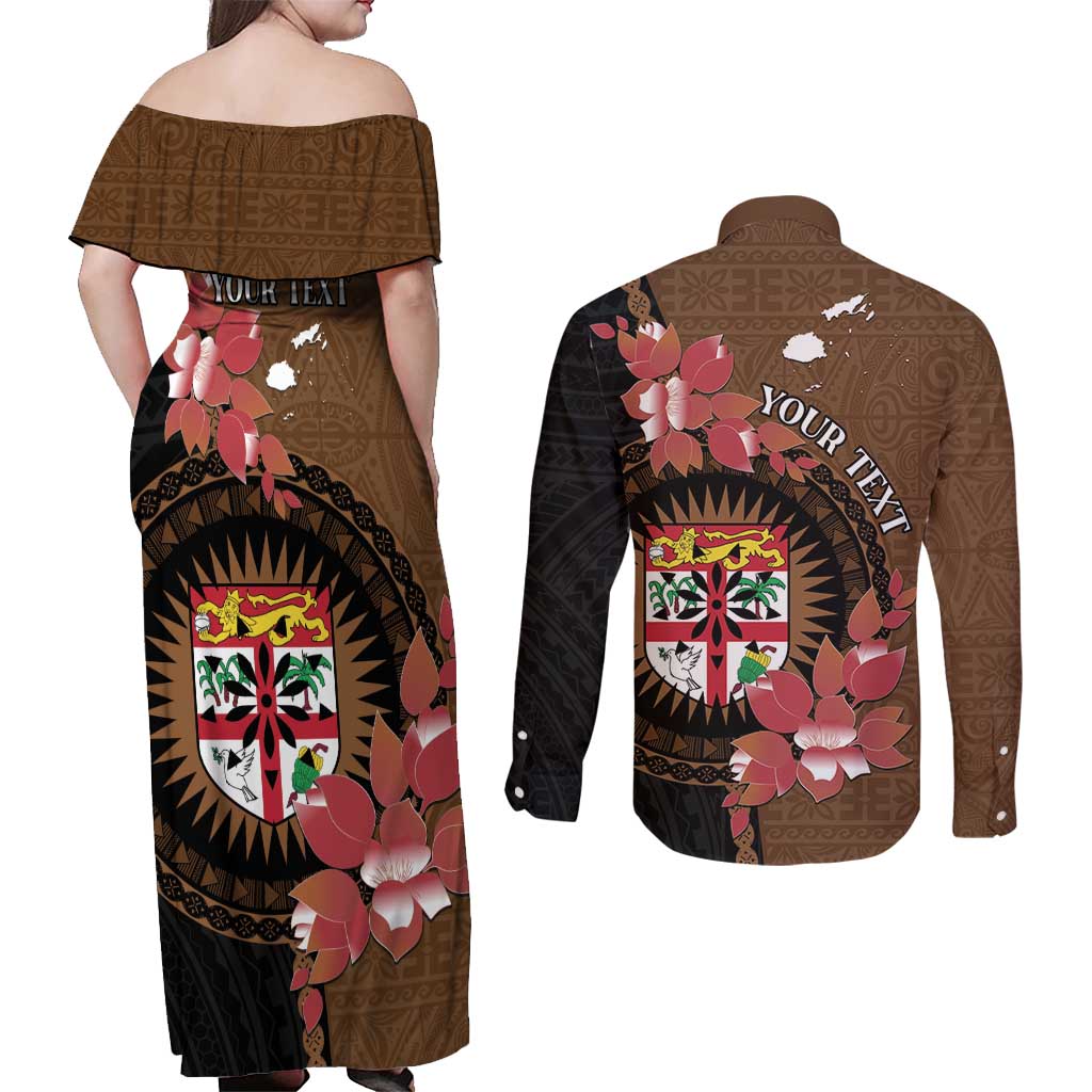 Personalised Fiji Day Couples Matching Off Shoulder Maxi Dress and Long Sleeve Button Shirt Fijian Tapa Pattern Mix Tagimoucia - Brown Version LT14 - Polynesian Pride