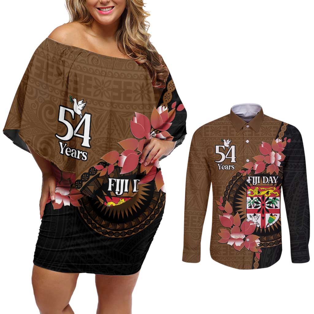 Personalised Fiji Day Couples Matching Off Shoulder Short Dress and Long Sleeve Button Shirt Fijian Tapa Pattern Mix Tagimoucia - Brown Version LT14 Brown - Polynesian Pride
