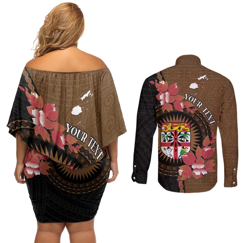 Personalised Fiji Day Couples Matching Off Shoulder Short Dress and Long Sleeve Button Shirt Fijian Tapa Pattern Mix Tagimoucia - Brown Version LT14 - Polynesian Pride