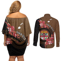 Personalised Fiji Day Couples Matching Off Shoulder Short Dress and Long Sleeve Button Shirt Fijian Tapa Pattern Mix Tagimoucia - Brown Version LT14 - Polynesian Pride