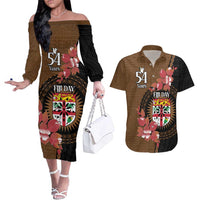 Personalised Fiji Day Couples Matching Off The Shoulder Long Sleeve Dress and Hawaiian Shirt Fijian Tapa Pattern Mix Tagimoucia - Brown Version LT14 Brown - Polynesian Pride