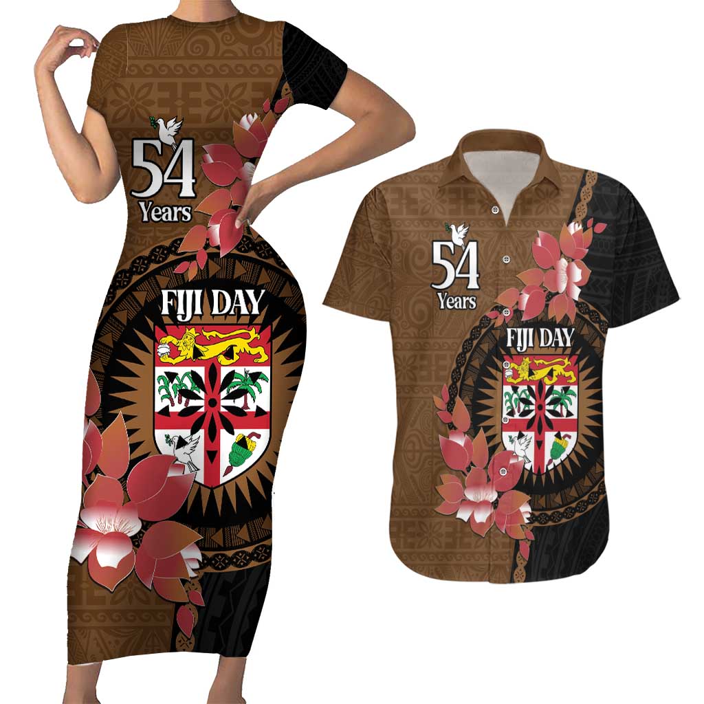 Personalised Fiji Day Couples Matching Short Sleeve Bodycon Dress and Hawaiian Shirt Fijian Tapa Pattern Mix Tagimoucia - Brown Version LT14 Brown - Polynesian Pride