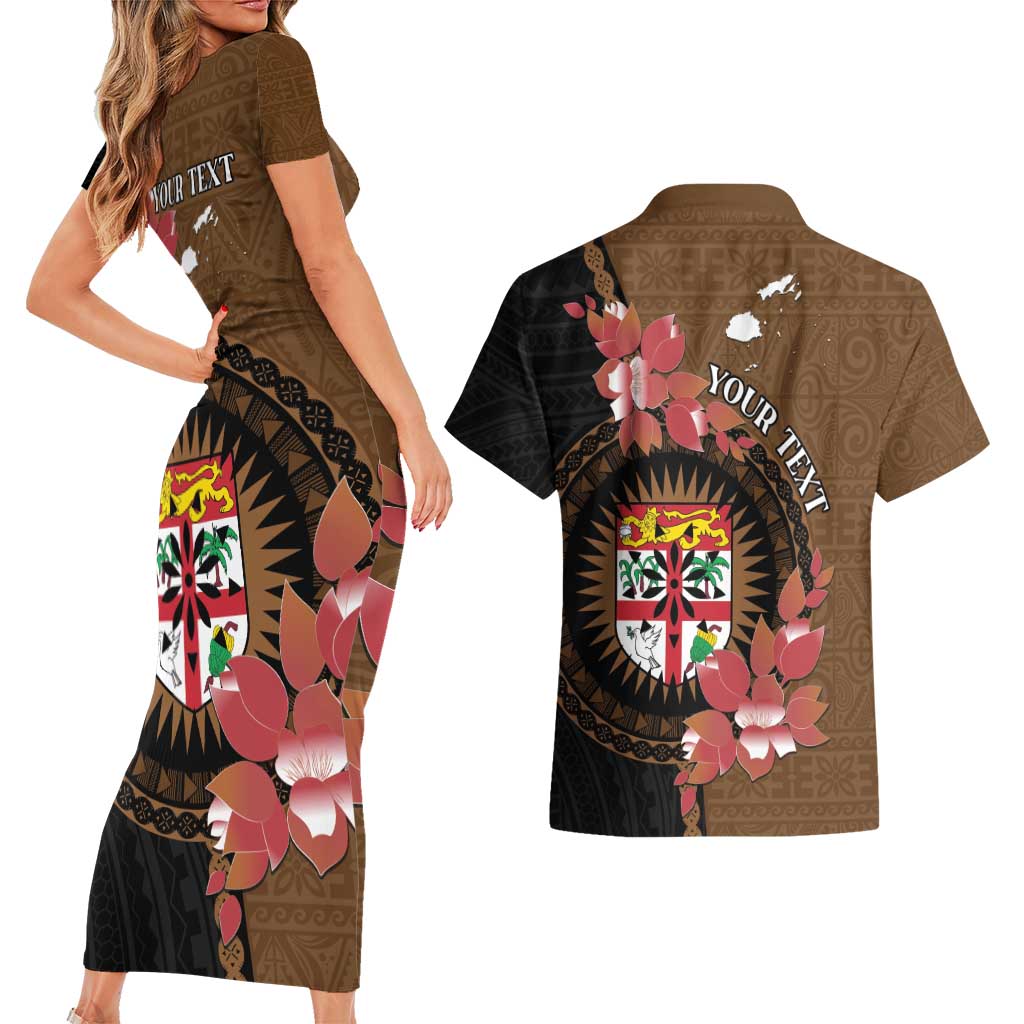 Personalised Fiji Day Couples Matching Short Sleeve Bodycon Dress and Hawaiian Shirt Fijian Tapa Pattern Mix Tagimoucia - Brown Version LT14 - Polynesian Pride